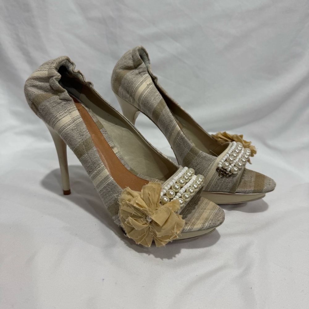 Schutz Striped‎ Heels Size 7B Pearl & Fabric Flower Maximalist Wedding Designer